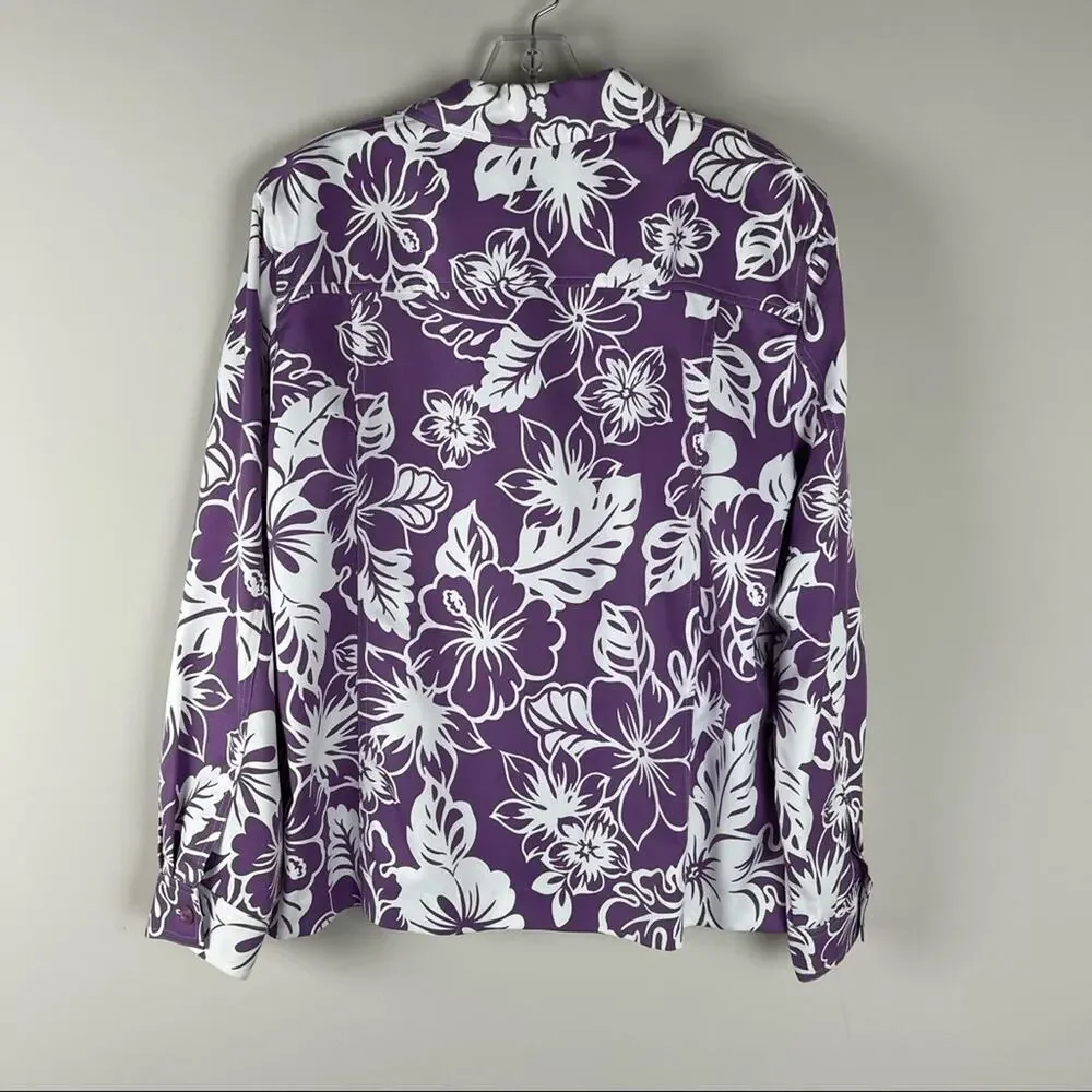 Alfred Dunner purple white tropical floral lightweight beach cruise jacket 16